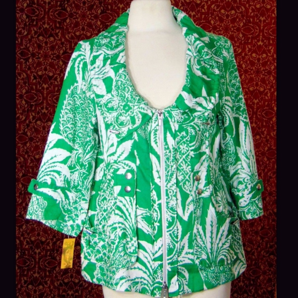 BERER green linen floral 3/4 sleeve jacket L